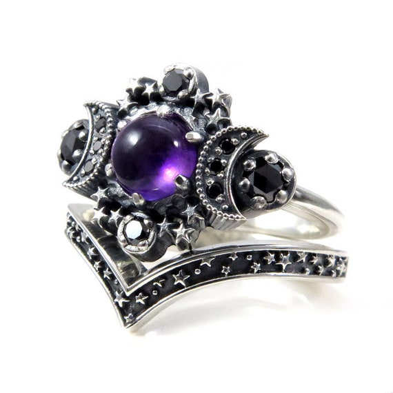 Amethyst Cosmos Moon Engagement Ring with Silver Stardust Chevron Wedding Band
