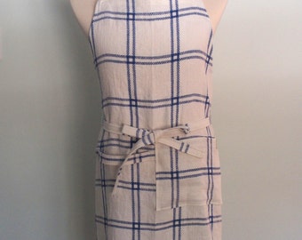 Blue and White Stripe Chef Apron with Pocket and Towel Loop, Men's Apron, Yarn Dyed Linen, Adjustable, Picnic Stripe Jacquard, No Neck Ties