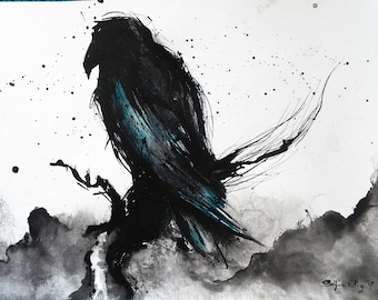Crow art - A3 - 16x12in - abstract bird painting - turquoise feathers - sitting on a branch