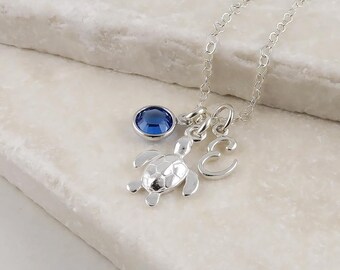 Personalized Silver Turtle Necklace - Sterling Silver Sea Turtle, Birthstone and Initial Necklace, Tortoise jewelery