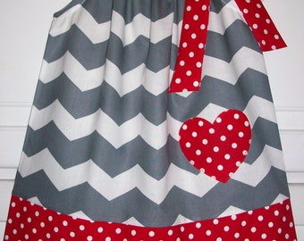 Valentines Day Dress Pillowcase Dress Sweetheart Chevron Dress Grey with Red Heart Girls Dress baby dress toddler dress Valentines Clothes