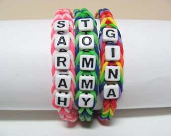 Rainbow Loom rubber band stretch bracelet personalized name fishtail pattern rainbow loom bracelet name