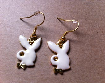 Dangle White Enamel Playboy Bunny Earrings #166