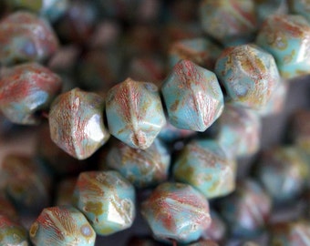 10mm English Cut Beads - Czech Glass Beads - Rustic Beads - Turquoise Picasso Chunky Beads - Nugget Beads - Bead Soup Beads