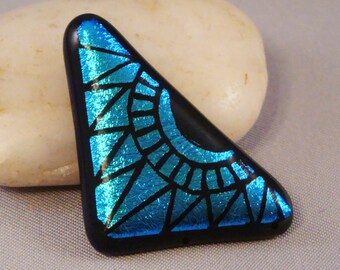 Dichroic Glass Cabochon Sunburst Dark Aqua Blue on Black Hand Etched Fused Glass for Jewelry and Crafting by Solaris Beads 1999