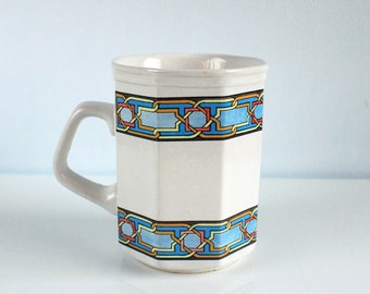 Vintage ceramic octagonal mug , white and blue art deco pattern