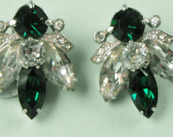 Eisenberg Clip Earrings Emerald green and Crystal Rhinestones