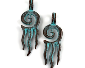 2 Mykonos Stylized Drop - Green Patina - Greek Casting Verdigris Bead Pendant