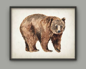 Grizzly Bear Watercolor Art Poster Print North American Hunting Wall Brown Decor Rustic Cabin B801