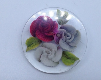 Reverse carved lucite brooch roses