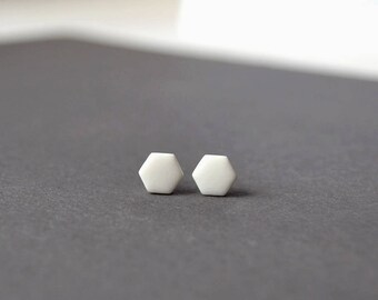 Hexagon studs, geometric earrings, geometric studs, hexagon earrings, White studs, matte white studs, small earring mens earring, mens studs