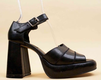 90s Vtg WILD PAIR Black Genuine Leather Ankle Strap Platform Sandals / Super Chunky Block Heel GLAM Goth 10 Eu 42