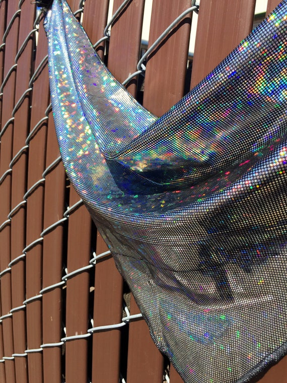Holographic Silver on Black Spandex Bandana w/ Shattered Glass Silver Holo Rainbow pattern and Hidden Stash Pocket