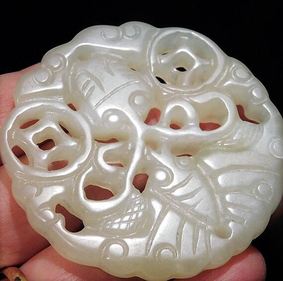 Vintage Carved White Jade Pendant / Lacy Openwork Nephrite