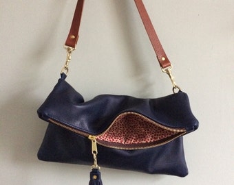 Navy leather foldover clutch, leather purse, blue evening handbag