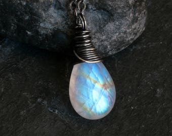 Moonstone Necklace - Moonstone Jewelry - Oxidized Sterling Silver Necklace - Rainbow Moonstone Necklace - June Birthstone - CircesHouse