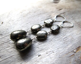 Pyrite Dangle Earrings, Sterling Silver Lever Back