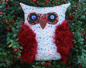 Owl shaped pillow Decorative owl accent pillow Home decor Burgundy flower pattern Kids room Stuffed owl Christmas gift for teens