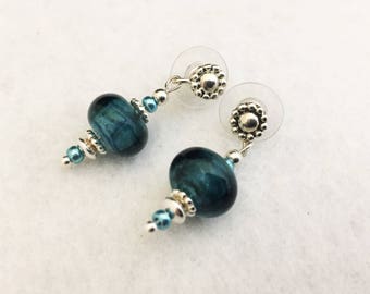 Earrings, teal, silver, glass, beads, seed beads, lampwork, handmade, original, gift, handcrafted, Sassy Shack Designs