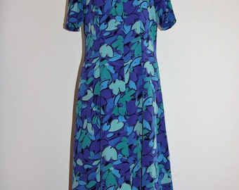 VIVIENNE LAWRENCE of London Vintage 1980s Blue Floral Print Ladies Dress - Size 10