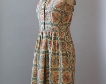 Vintage Dress 50s Cotton Shirtwaist Dress Novelty Print Sleeveless Floral 1950s Mode O Day Cotton Dress M L