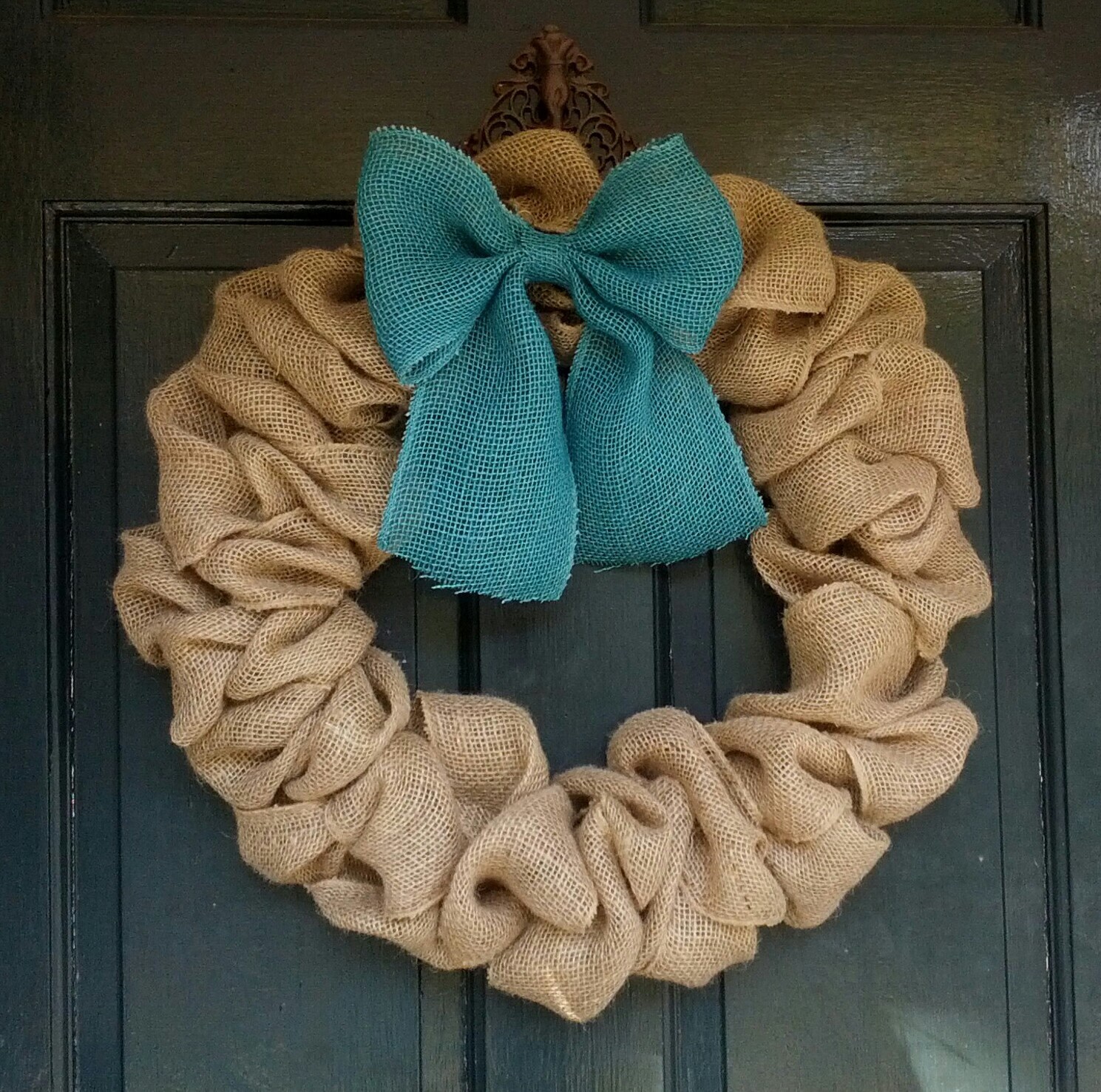 Burlap Wreath with Big Teal Burlap BowFront Door Wreath