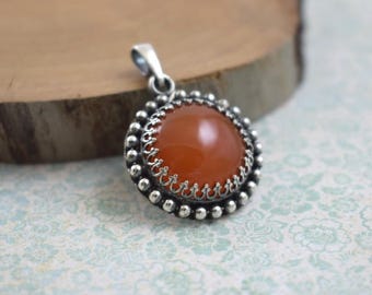 Orange carnelian pendant, retro pendant, metalwork jewelry, silver jewelry