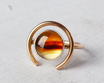 Montana Agate Orb Ring, 14K Gold Ring, Round Gemstone Ring, Fine Jewelry, Gold Circle Ring, Stone Statement Ring, Montana Agate Ring