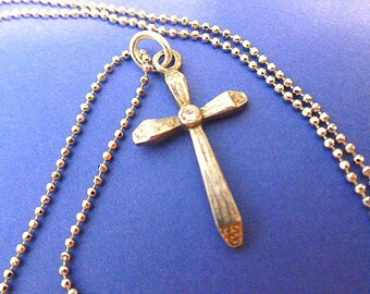 CZ SILVERTONE Cross, Silver Cross & Neck Chain, Vintage Cross Pendant with Cubic Zirconia Necklace, Cross Necklace, Vintage Silver Cross