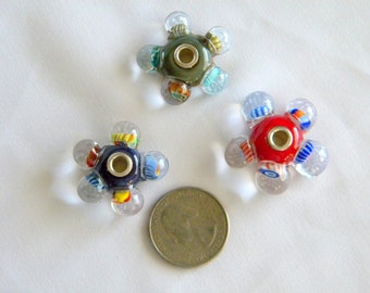 3 Artist Lampwork Spinner Beads, Lori Peterson, Loribeads Sterling Center, Murrini, Red Blue Yellow Green White DESTASH Unique