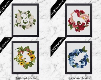 Harry Potter All Hogwarts Houses Floral Emblem set / bundle Cross Stitch Pattern. Ravenclaw, Hufflepuff, Gryffindor & Slytherin.