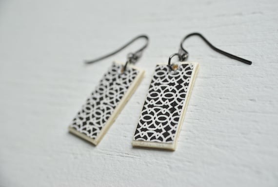 Items similar to Black and White Pattern Wood Earrings on Etsy