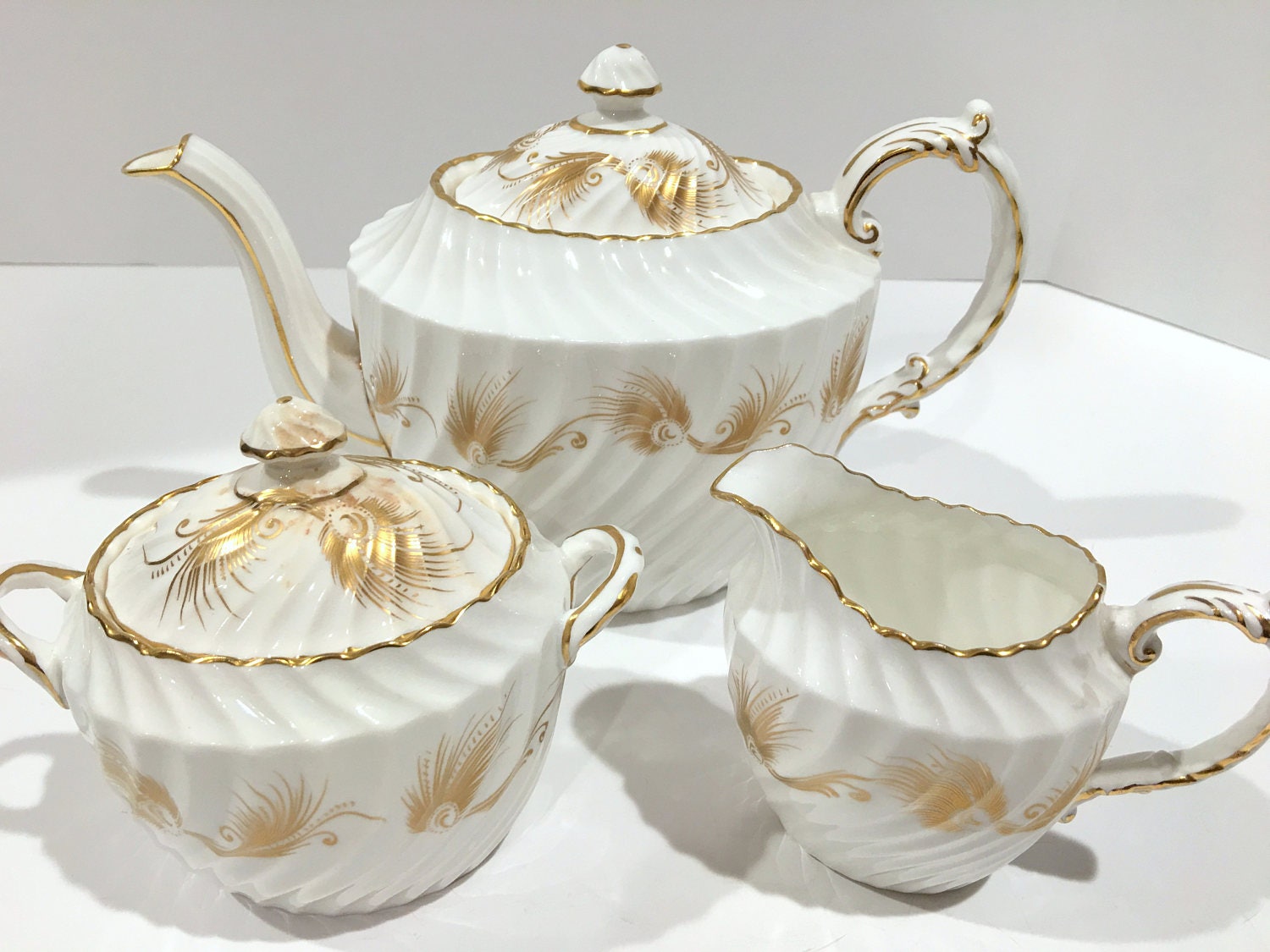 Aynsley Teapot, English Teapot, Gold White Teapot, Creamer Sugar Teapot Set, Tea Set, Tea Sets