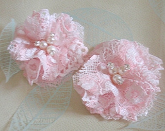 2 Lace Flowers With Rhinestone Pearl (2-3/4 inches) In Pearl Pink MY-424-04 Ready To Ship