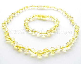 Set Of Baltic Amber Baby Teething Necklace and Bracelet/Anklet Rounded Lemon Color Beads