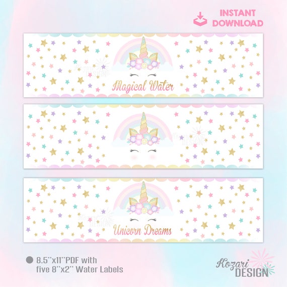 unicorn water bottle labels unicorn party decor printable