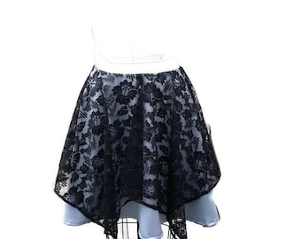 Silver and Black skater skirt, gothic skirt, circle skirt, handkerchief hem, size M