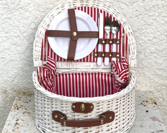 Vintage Half-Round White Wicker Picnic Basket, Red/White Striped Lining, Picnic Accessories for Two, Wine Glasses, Plates, Flatware
