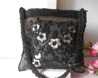 Black Evening Bag, Vintage Evening Bag, Black Bead Purse, Vintage Bead Bag, Soft Side Bag, Sparkly Purse EB-0331