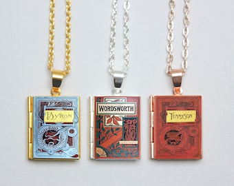 Vintage Poetry Book Locket Charms. William Wordsworth Book Charm. Alfred Tennyson Book Necklace. Lord Byron Poem Jewelry. Literary Gift
