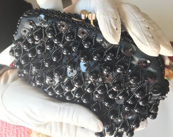 Black Evening Bag - Black Beaded Clutch Purse, Black Beaded Evening Purse