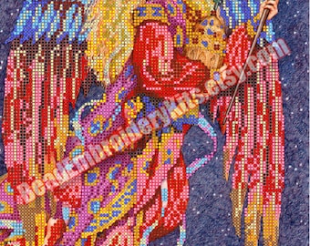 Guardian Angel beaded stitching, bead embroidery, beading on needlepoint kit, DIY beadpoint craft set