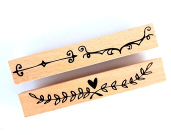 Set of 2 wood rubber border stamps | doodles | leaves | hearts