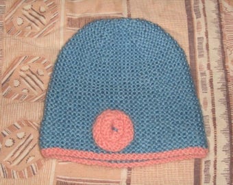 Hand knitted beanie blue and pink