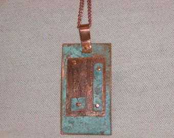 Turquoise blue patina and etched copper riveted necklace
