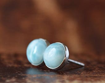 Larimar Earrings, Dominican Larimar Stud Earrings 6mm, 8mm, 10mm. Ocean blue Gemstone: Oxidized Sterling Silver, 14k Gold Fill, gift for Her