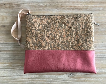 Bi material Cork and rust leather zippered pouch