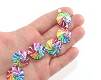 Swirl lentil beads with silver, Polymer Clay beads in rainbow colors, 6 colorful focal beads with tiny silver dots, Craft Supplies