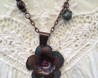 Copper and teal flower necklace
