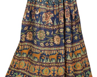 Womens Jungle Love Elephant Print Long Skirt A-Line Gypsy Boho Hippie Handmade Blue Cotton Summer Skirts